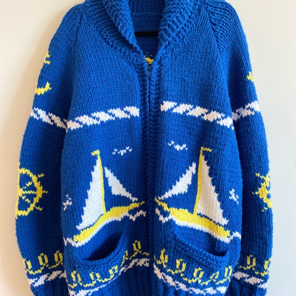 ✨ Vintage Nautical Cowichan Style Zip Sweater – Rare Pattern! Thick & Warm ✨ - Picture 4 of 10